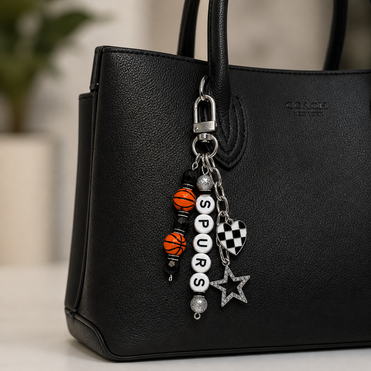 Spurs Basketball Keychain – Silver, Black and White Beaded Keychain with Star and Heart Charms