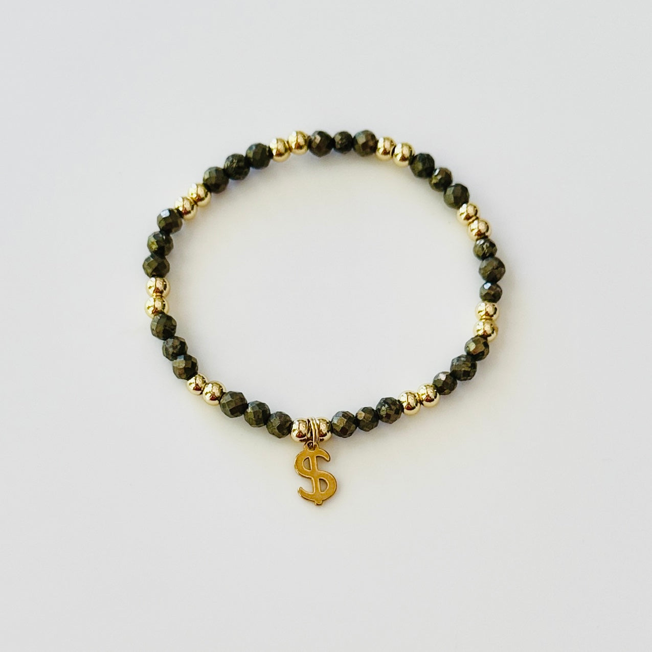 Pyrite Money Manifestation Bracelet: Gold or Silver Dollar Sign Charm