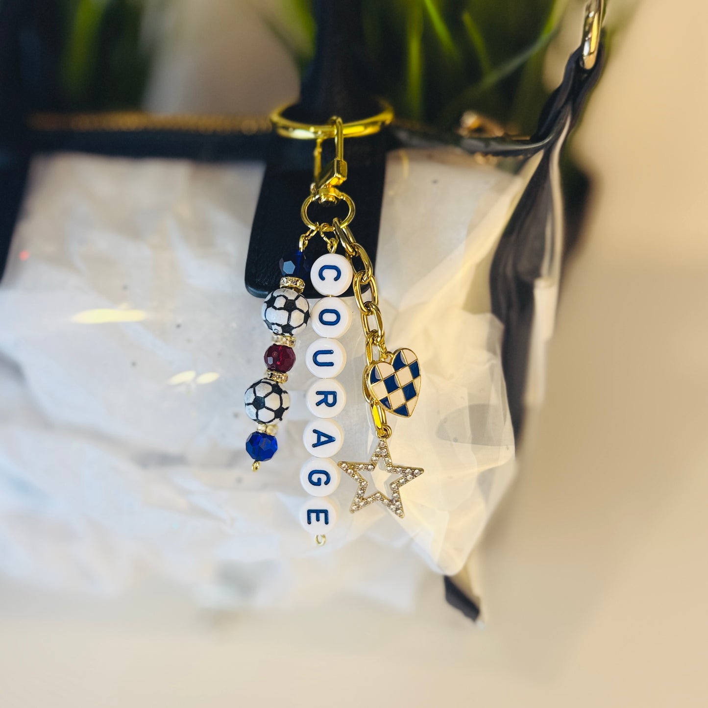 Courage Soccer Bag Charm: Blue and Red Beaded Keychain, Gold Keychain with Star and Heart Charms