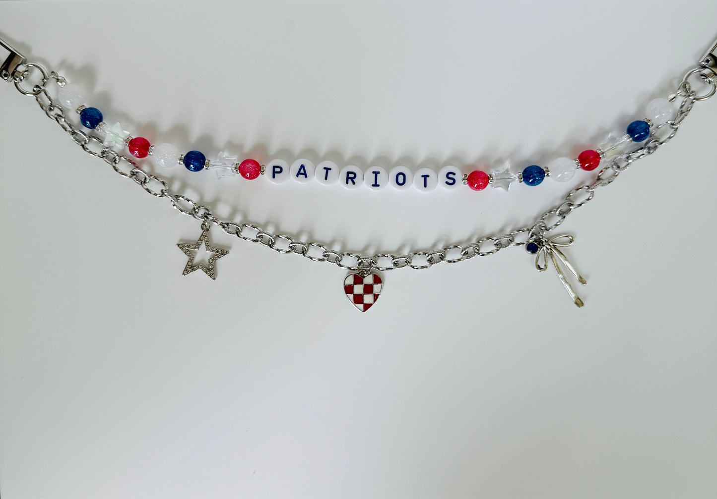 Patriots Football Bag Charm or Chain – Red White Blue Beaded Keychain or Purse Accessory – Game Day Stadium Bag Clip – Handmade Gift