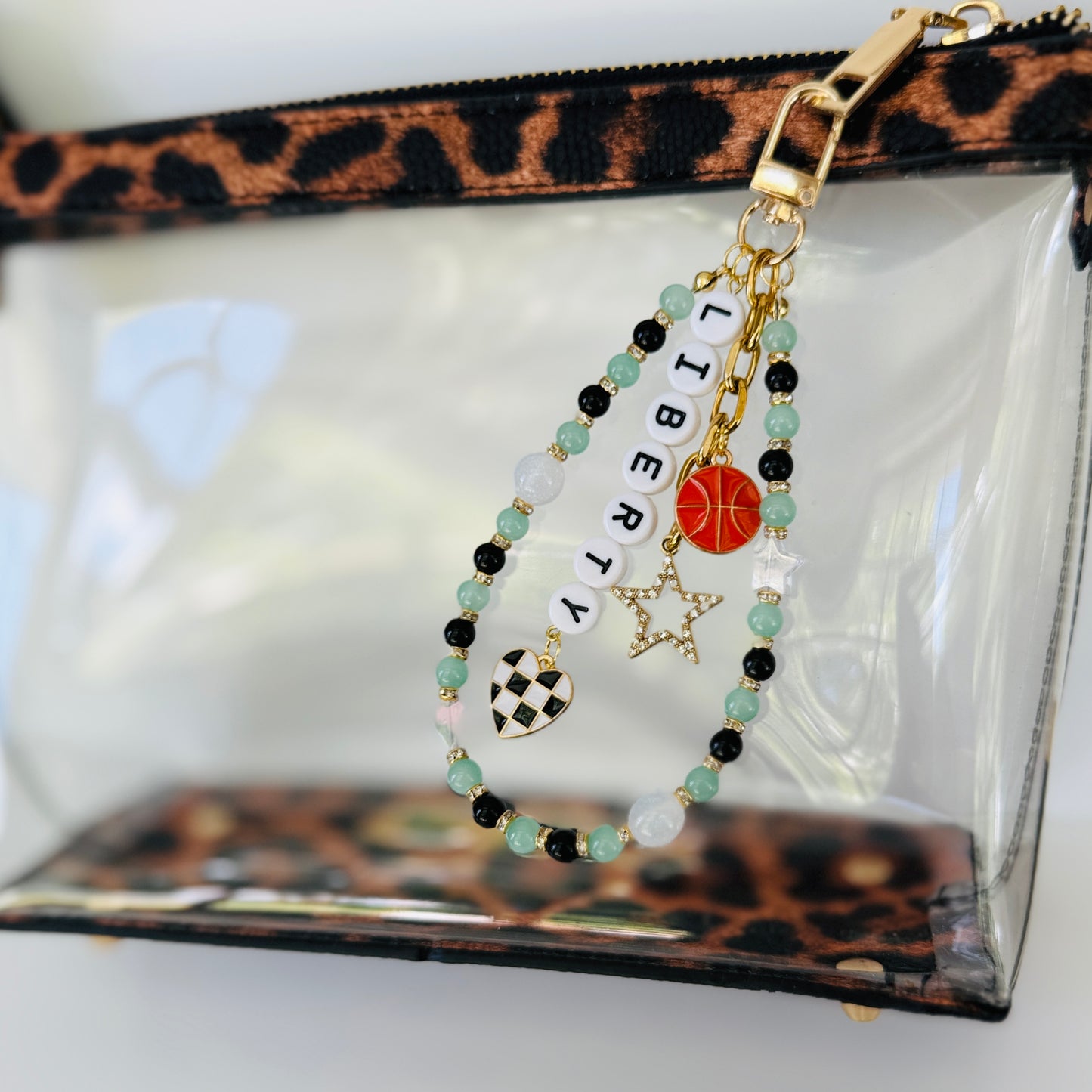 Liberty, Women’s Basketball Bag Charm, Seafoam Green, Black – 6.5” Handmade Beaded Keychain with Charms, Sports Bag Accessory, Resin Beads