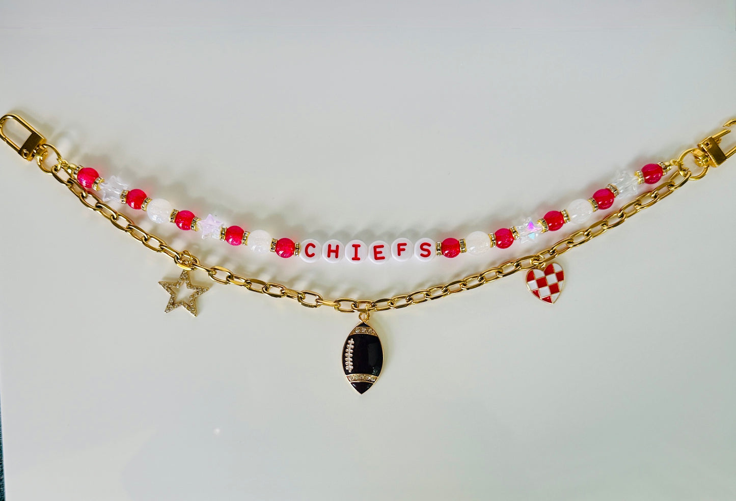 Chiefs Red & White Beaded Bag Charm or Gold Chain β Football Purse Accessory, 6β Beaded Charm, 12.5β Chain, Custom Game Day Add-On