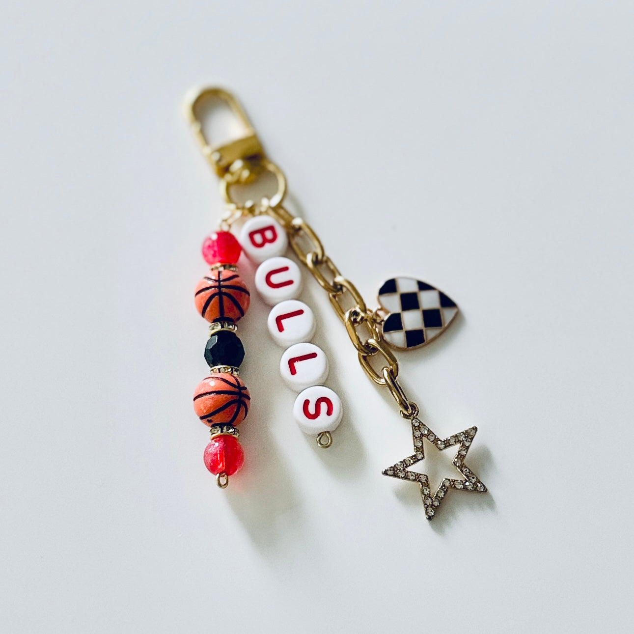 Bulls Basketball Keychain – Gold, Red & Black Beaded Keychain with Star and Heart Charms