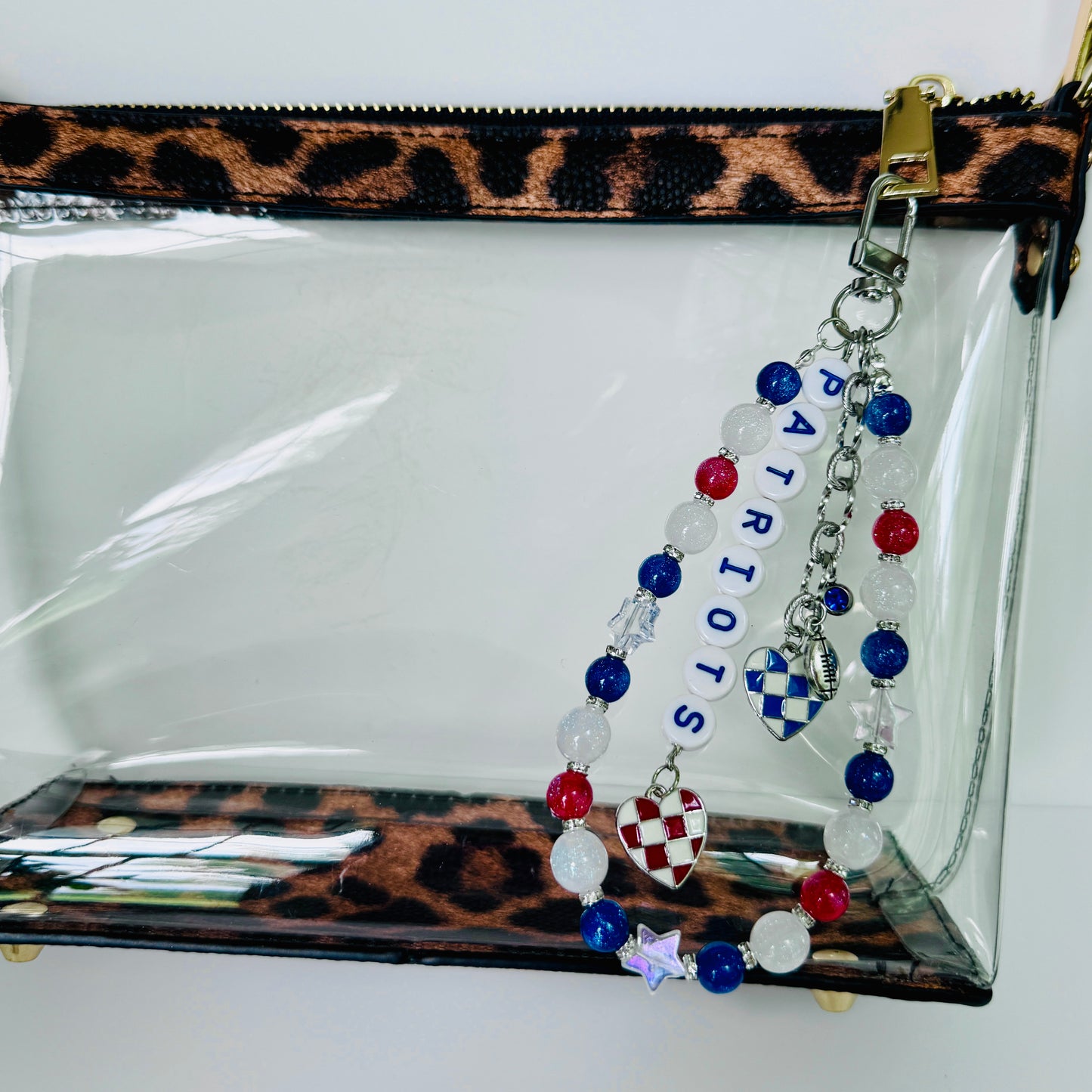 Patriots Football Bag Charm or Chain – Red White Blue Beaded Keychain or Purse Accessory – Game Day Stadium Bag Clip – Handmade Gift