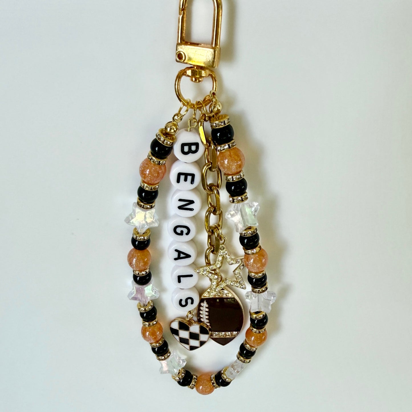 Bengals Football Bag Charm or Chain – Orange & Black Beaded Keychain or Purse Accessory – Game Day Stadium Bag Clip – Handmade Gift