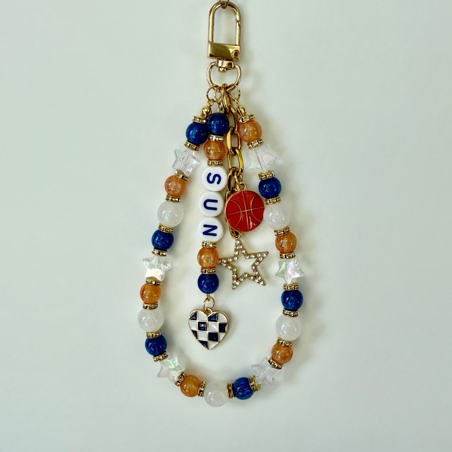 Sun Women’s Basketball, Orange, Blue, White Basketball Bag Charm – 6.5” Handmade Beaded Keychain with Charms, Sports Bag Accessory, Resin Beads