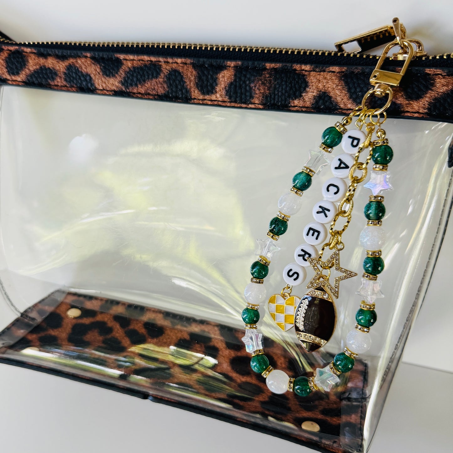 Packers Football Bag Charm | Handmade Beaded Keychain + Bag Chain | Green Bay Game Day Purse Accessory