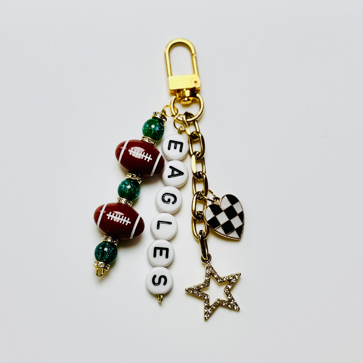 Eagles Football Beaded Keychain – Gold Bag Charm with Letter Beads, Football Beads, & Enamel Heart