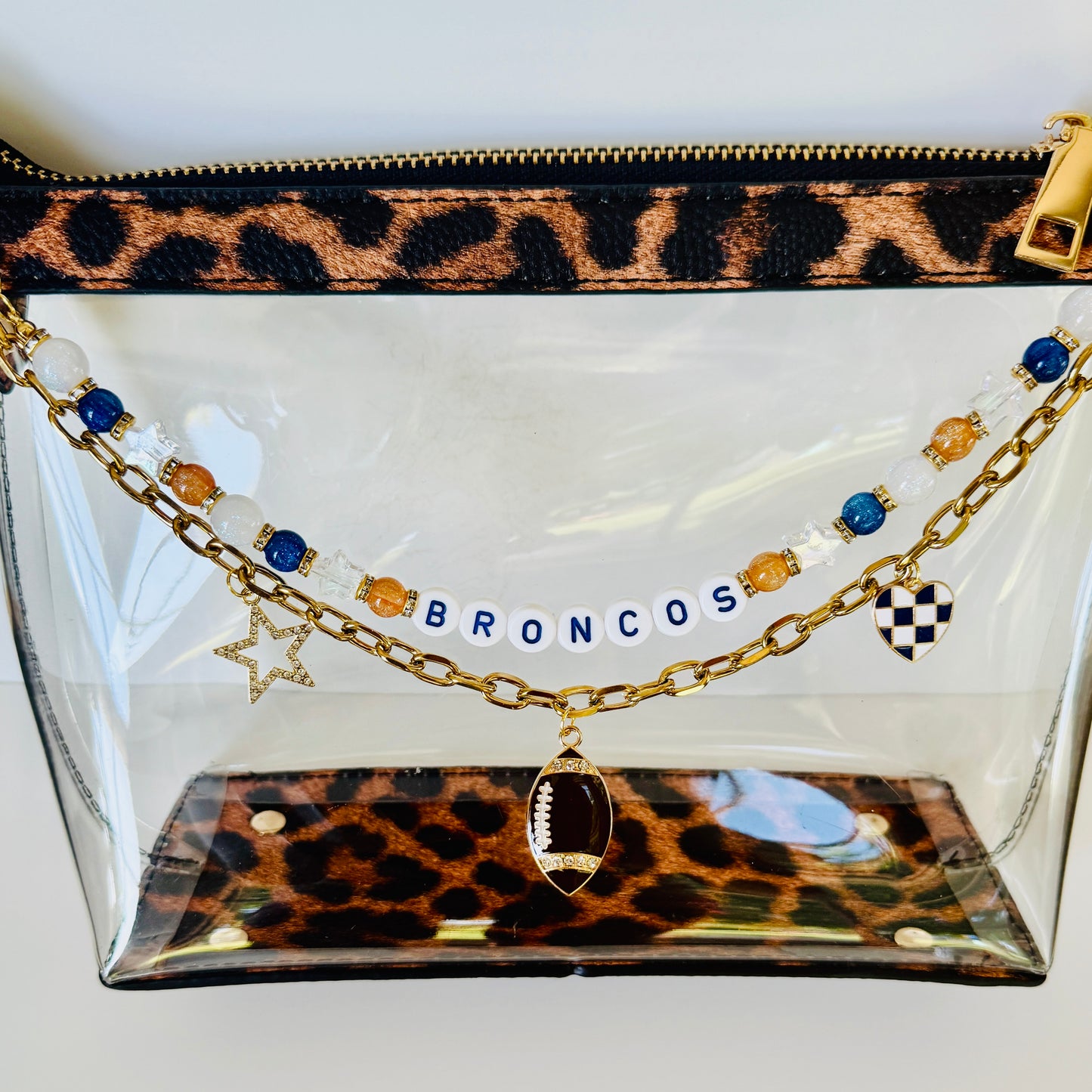Broncos Football Bag Charm or Chain – Orange & Navy Blue Beaded Keychain or Purse Accessory – Game Day Stadium Bag Clip – Handmade Gift