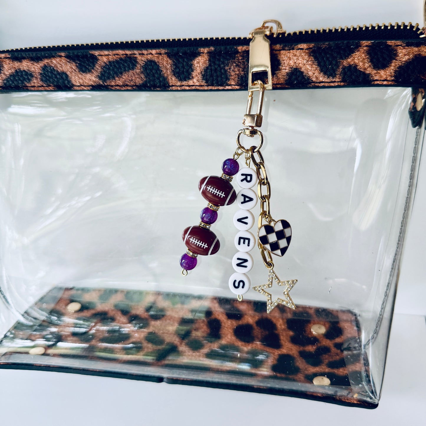 Ravens Football Beaded Keychain: Gold Bag Charm with Enamel Heart and Star