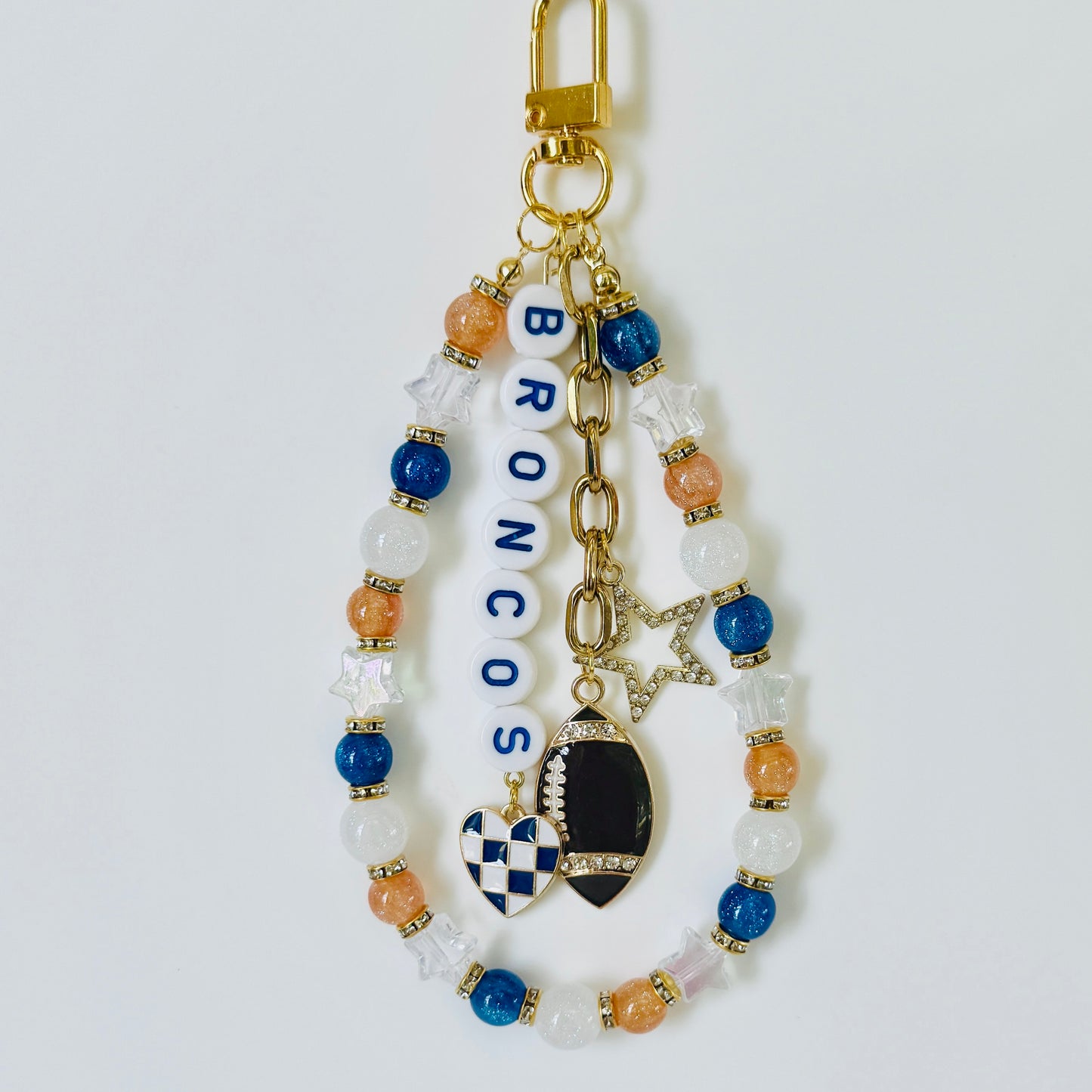 Broncos Football Bag Charm or Chain – Orange & Navy Blue Beaded Keychain or Purse Accessory – Game Day Stadium Bag Clip – Handmade Gift