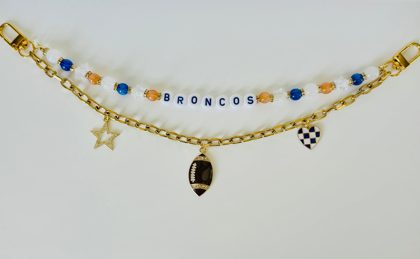 Broncos Football Bag Charm or Chain – Orange & Navy Blue Beaded Keychain or Purse Accessory – Game Day Stadium Bag Clip – Handmade Gift