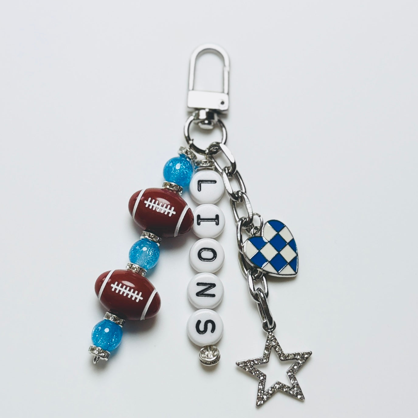 Lions Football Beaded Keychain: Silver Bag Charm with Enamel Heart and Star