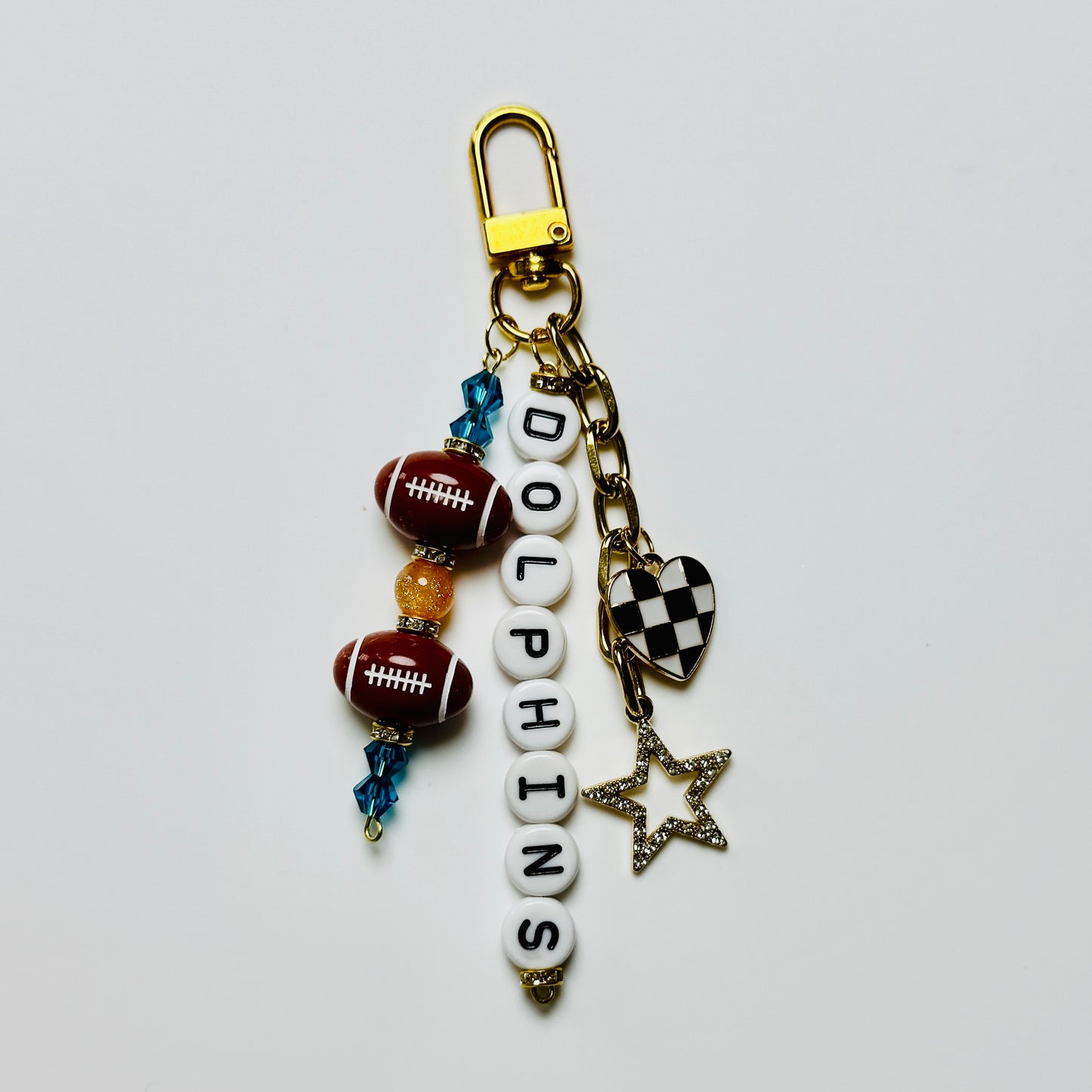 Dolphins Football Beaded Keychain – Gold Bag Charm with Letter Beads, Football Beads, & Enamel Heart