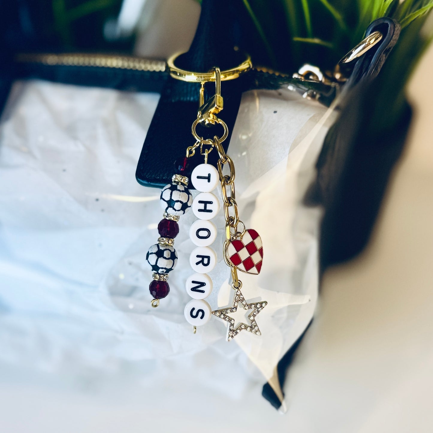 Thorns Soccer Bag Charm: Red Beaded Keychain, Gold Keychain with Star and Heart Charms