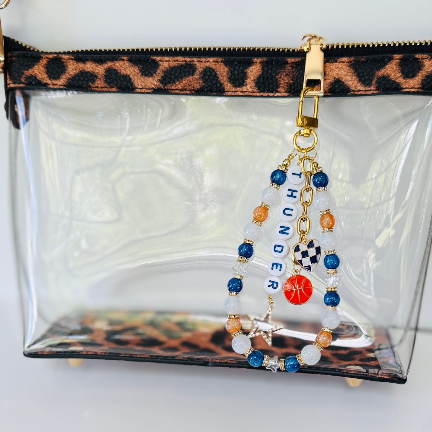 Thunder Basketball Bag Charm – Blue, Orange & White Beaded Purse Accessory with Star & Heart Charms, Handmade Fan Gift