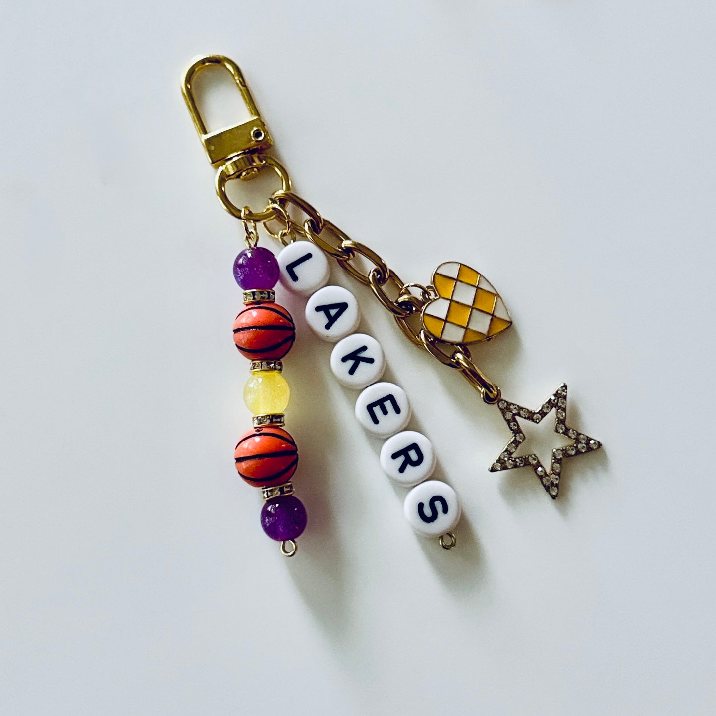 Lakers Basketball Keychain – Gold, Purple & Yellow Beaded Keychain with Star and Heart Charms
