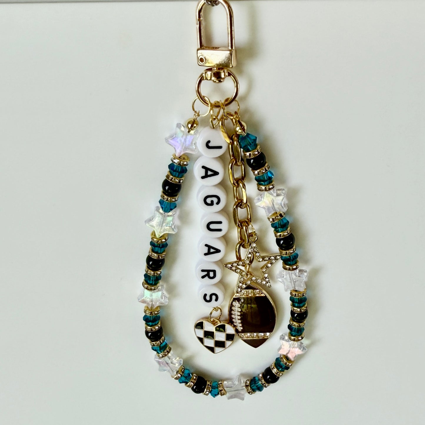 Jaguars Football Bag Charm or Chain – Teal Black Gold Beaded Keychain or Stadium Purse Clip – Game Day Accessory – Handmade Gift