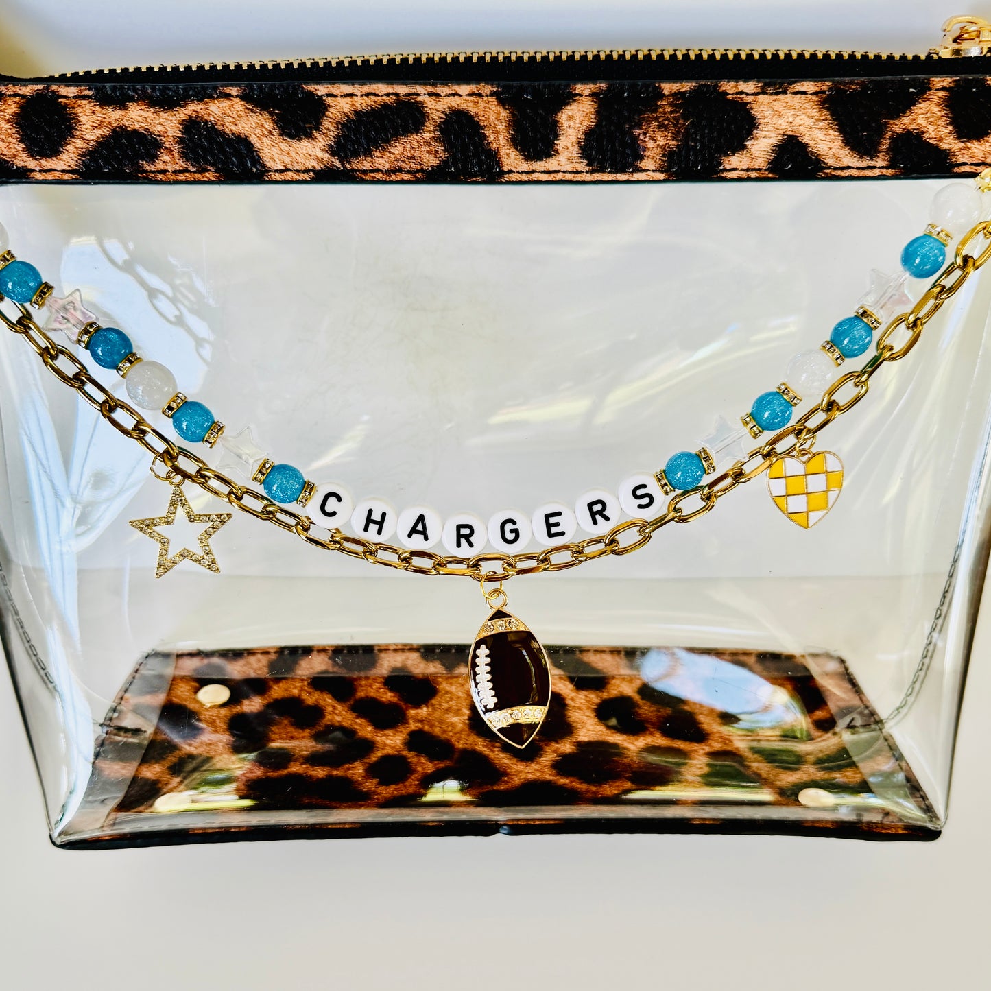 Chargers Bag Charm or Beaded Chain – Handmade Beaded Accessory, Clear Stadium Bag Game Day Jewelry, Football Fan Gift
