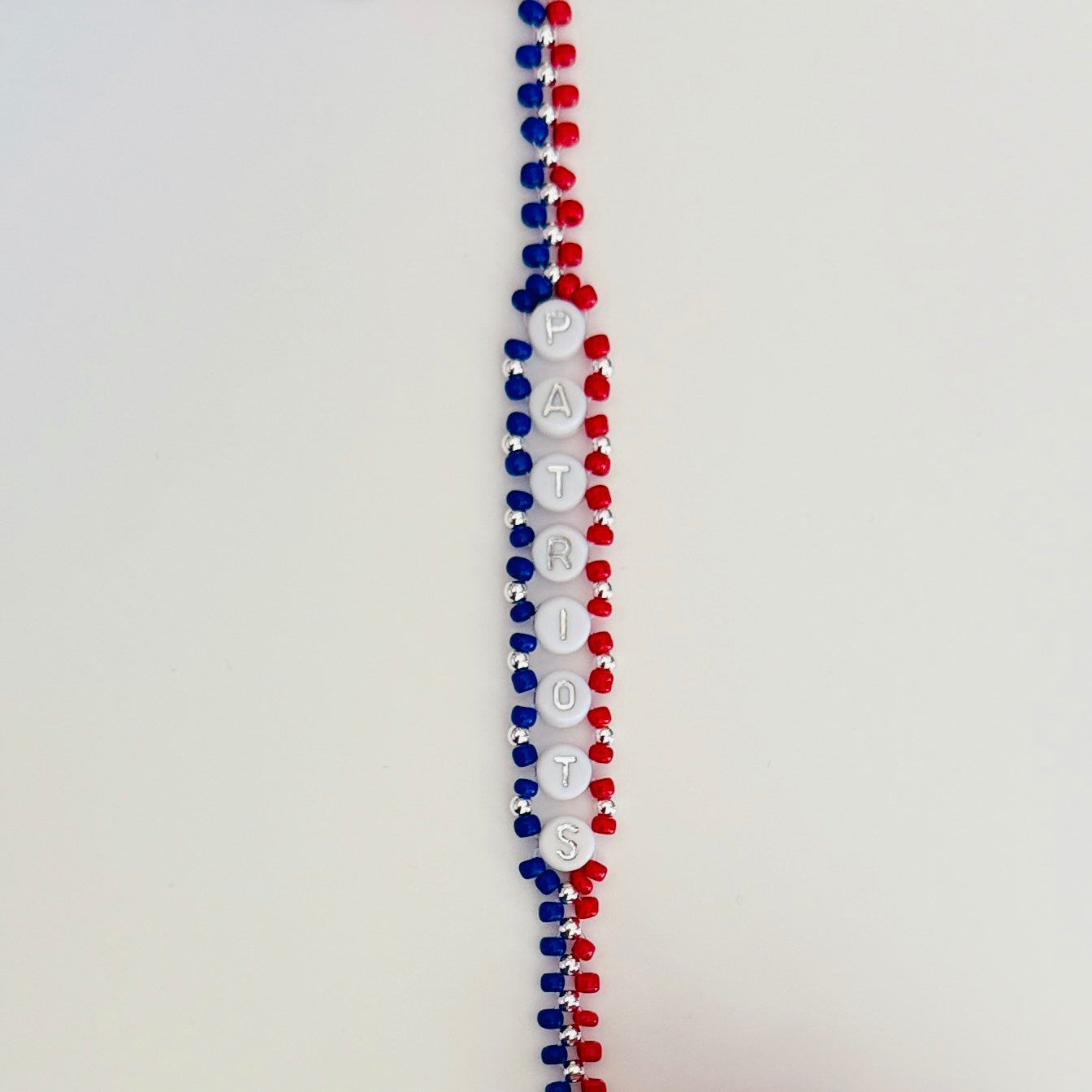 Patriots Football Woven Bracelet – Red, White, and Blue Seed Bead Jewelry, Handmade Game Day Gift
