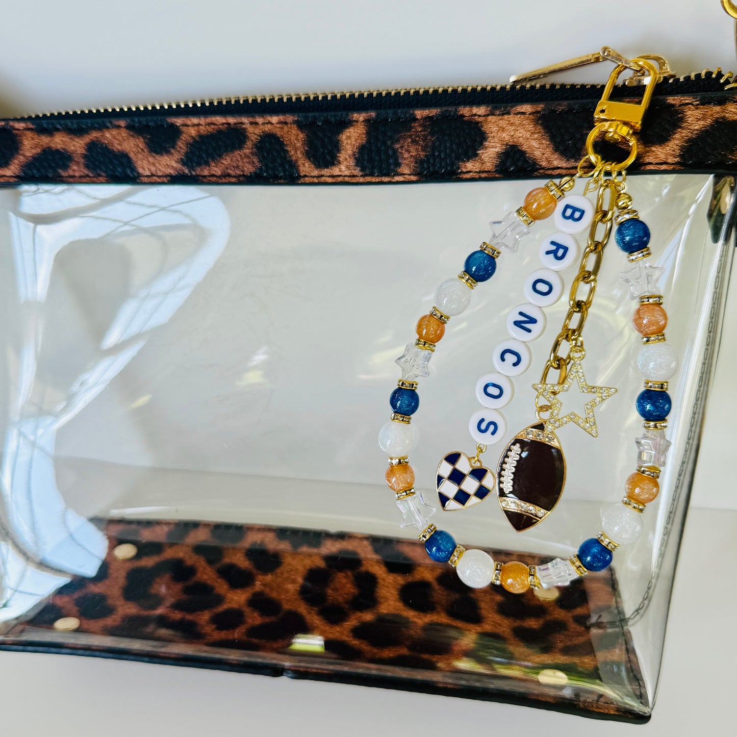 Broncos Football Bag Charm or Chain – Orange & Navy Blue Beaded Keychain or Purse Accessory – Game Day Stadium Bag Clip – Handmade Gift