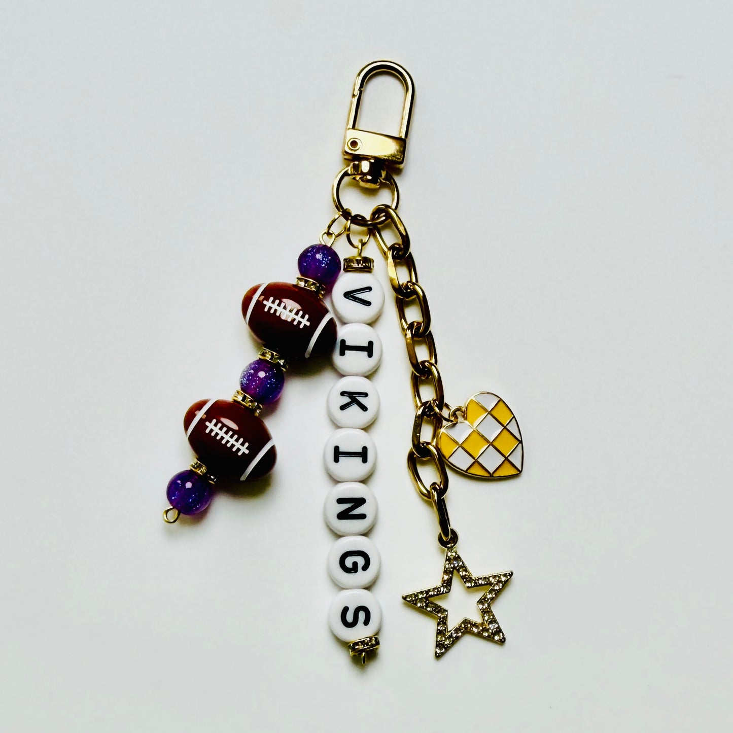 Vikings Football Beaded Keychain – Gold Bag Charm with Letter Beads, Football Beads, & Enamel Heart