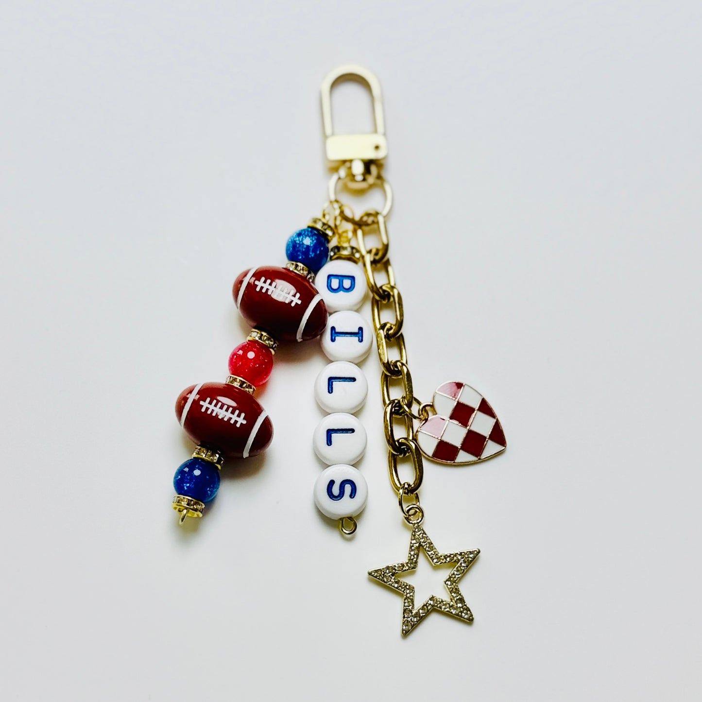Bills Football Beaded Keychain – Gold Bag Charm with Letter Beads, Football Beads, & Enamel Heart