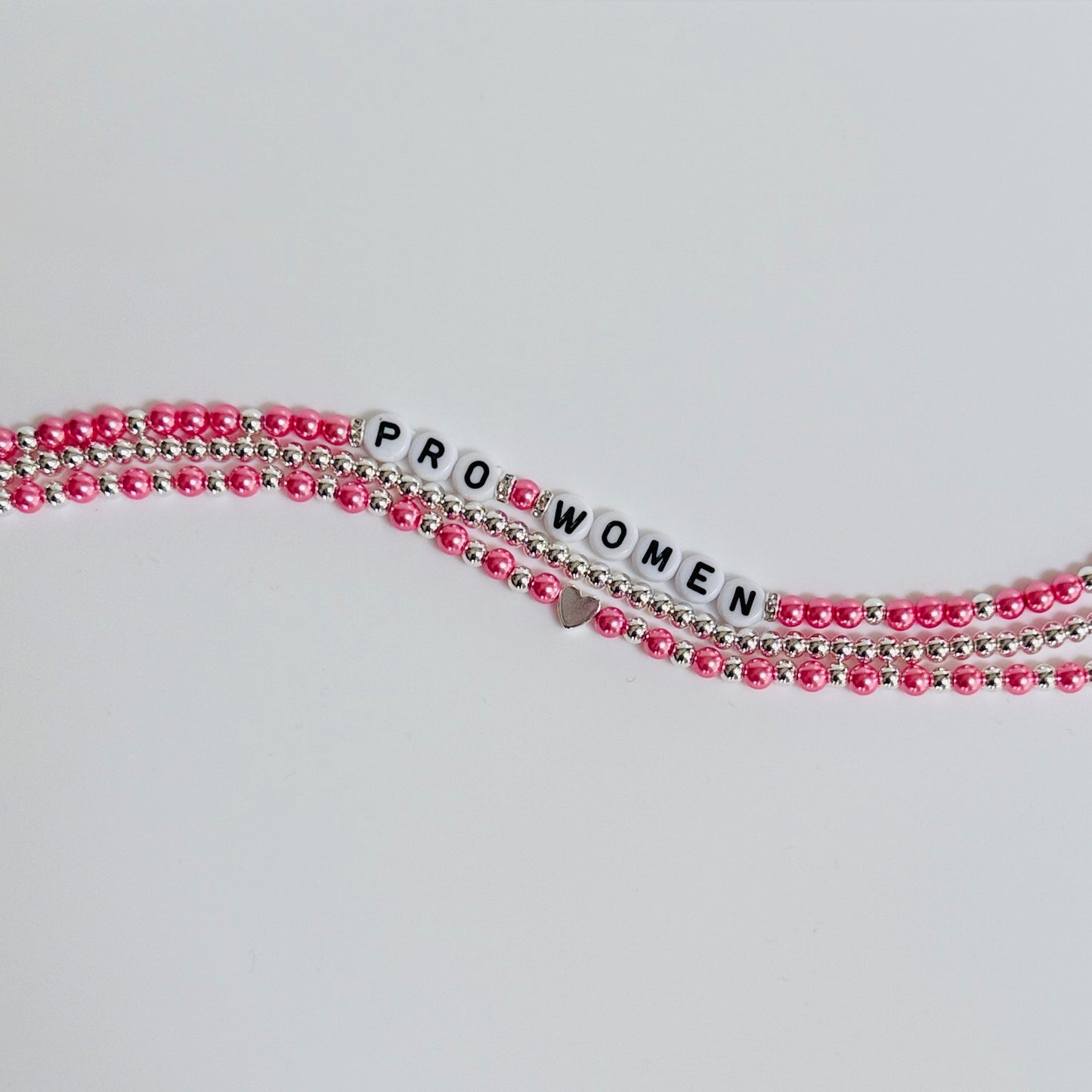 Pro-Women Bracelet Stack – 3-Piece Beaded Stretch Set in Pink, Blue or White Pearls & Gold, Handmade Feminist Jewelry Gift