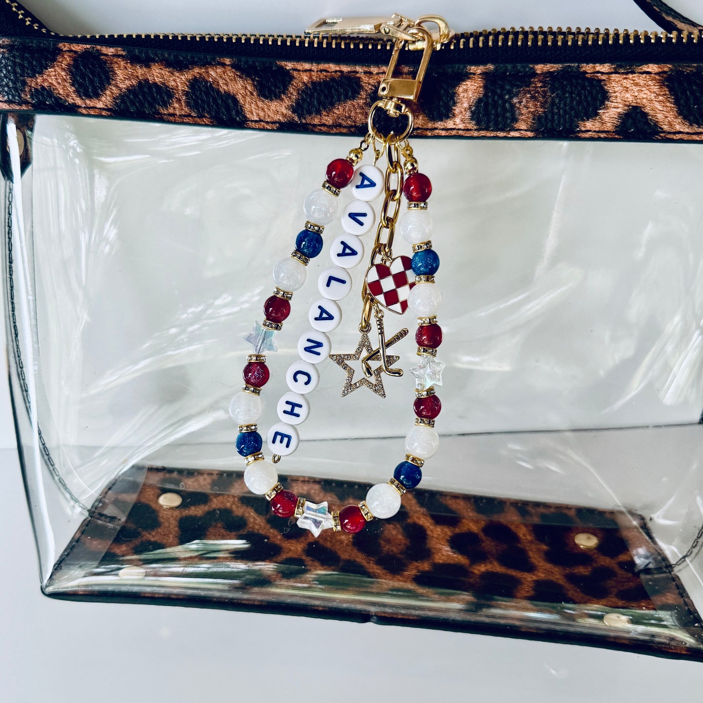 Avalanche Hockey Bag Charm: Red, Blue Beaded Keychain with Hockey Charms