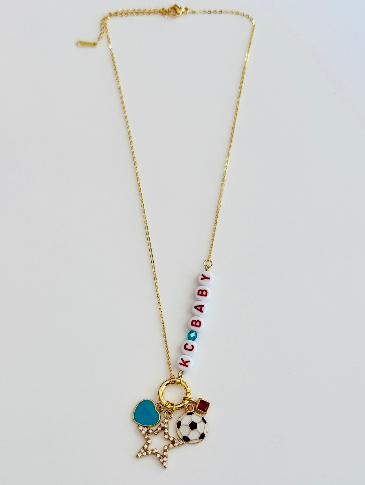 KC Baby Charm Necklace – Kansas City Soccer Ball + Teal & Red Letter Beads on Gold Chain