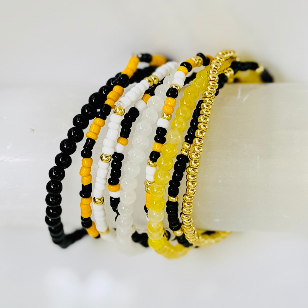 Yellow and Black Beaded, 10 Bracelet Stack – With White and Gold Seed Beads, School Spirit Jewelry