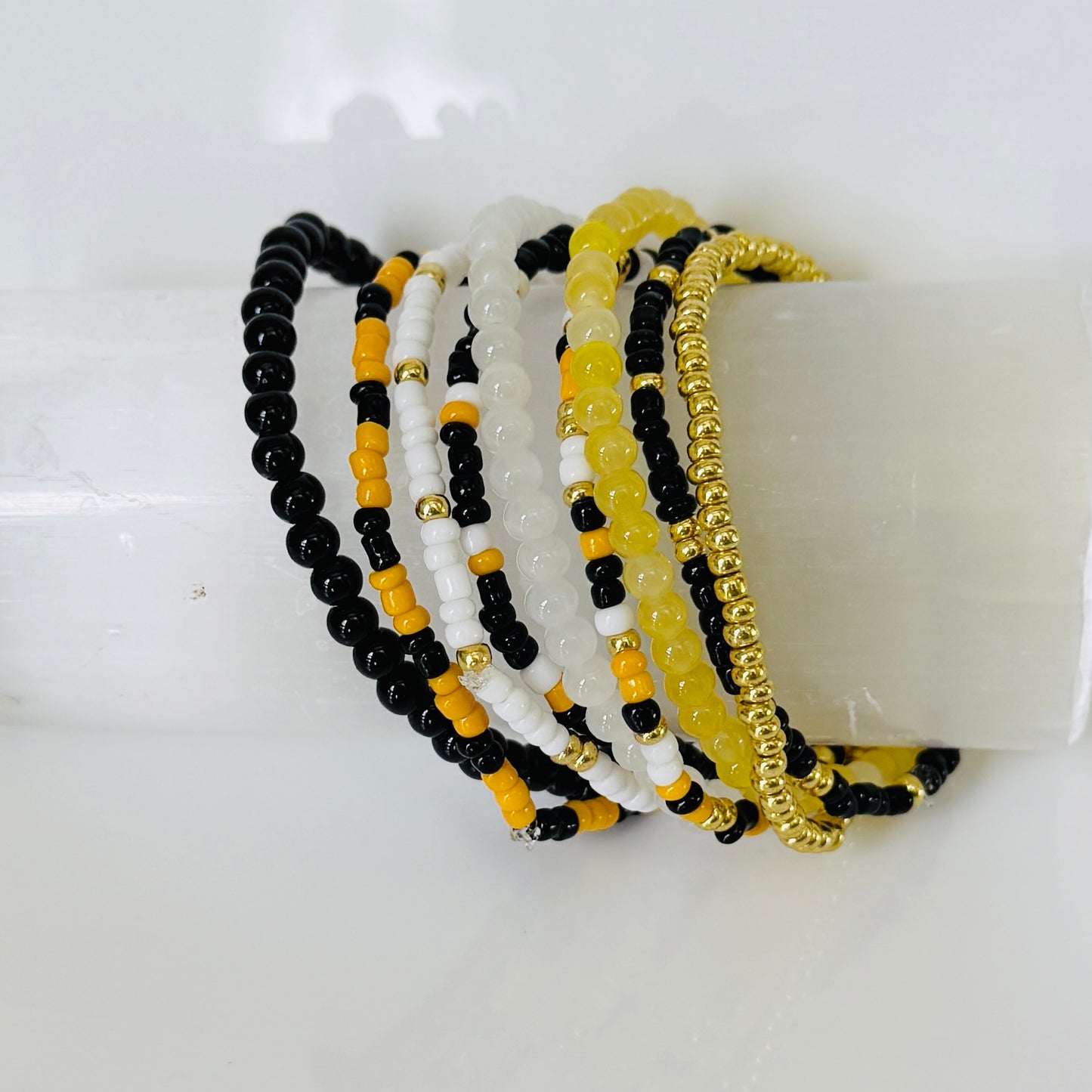 Yellow and Black Beaded, 10 Bracelet Stack – With White and Gold Seed Beads, School Spirit Jewelry