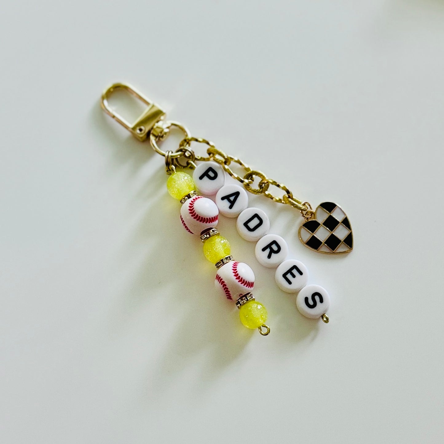 Baseball Beaded Keychain – Dodgers, Yankees, Mets, Others – Gold Bag Charm n with Letter Beads, Baseball Beads, & Enamel Heart