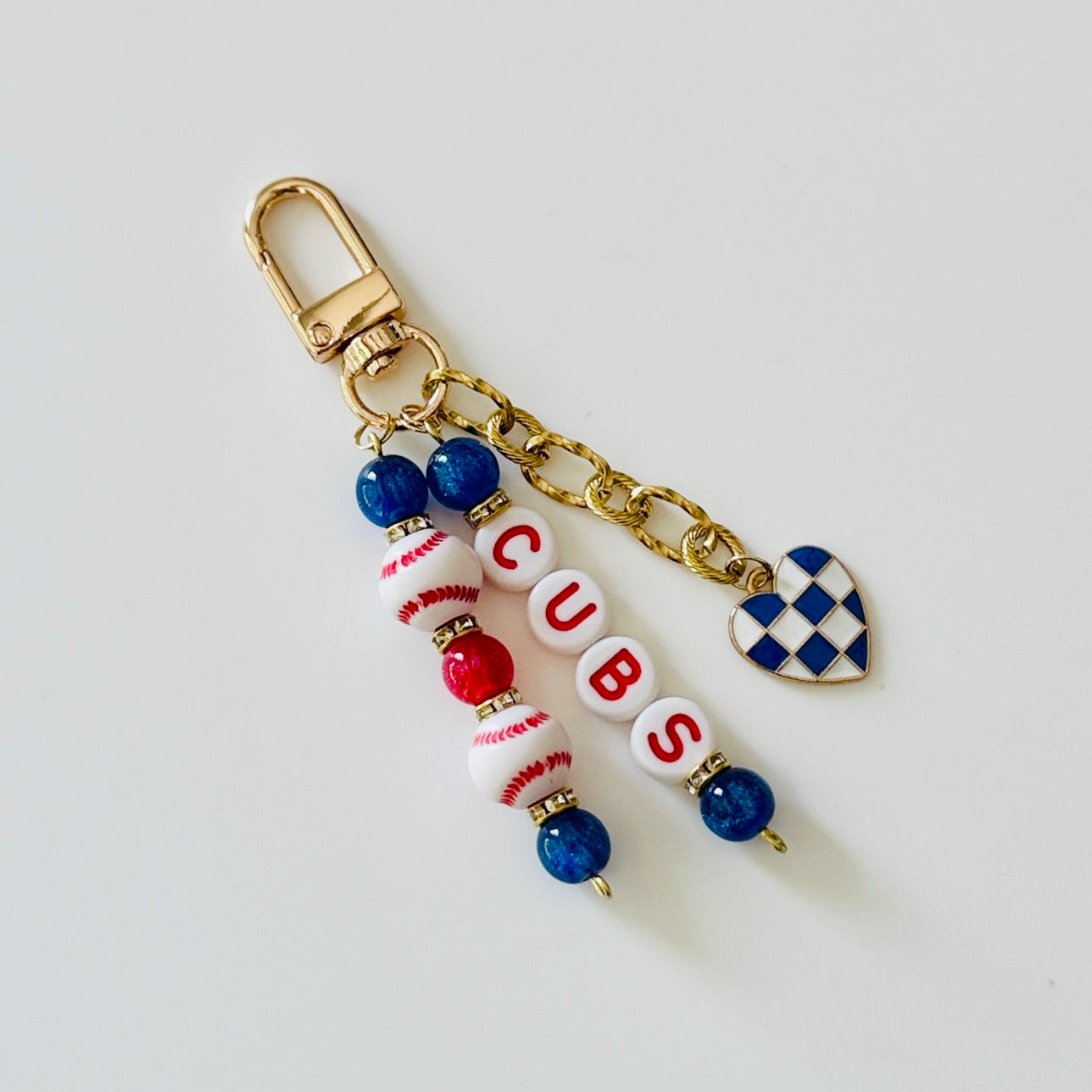 Baseball Beaded Keychain – Dodgers, Yankees, Mets, Others – Gold Bag Charm n with Letter Beads, Baseball Beads, & Enamel Heart