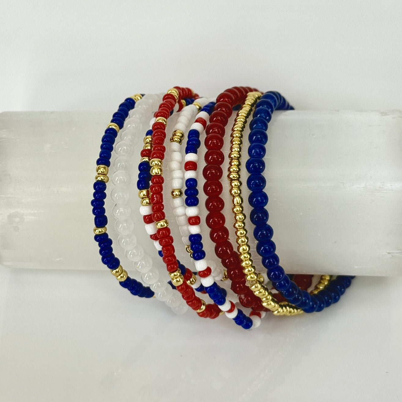 Blue and Red Beaded, 10 Bracelet Stack – With White and Gold Seed Beads, School Spirit Jewelry