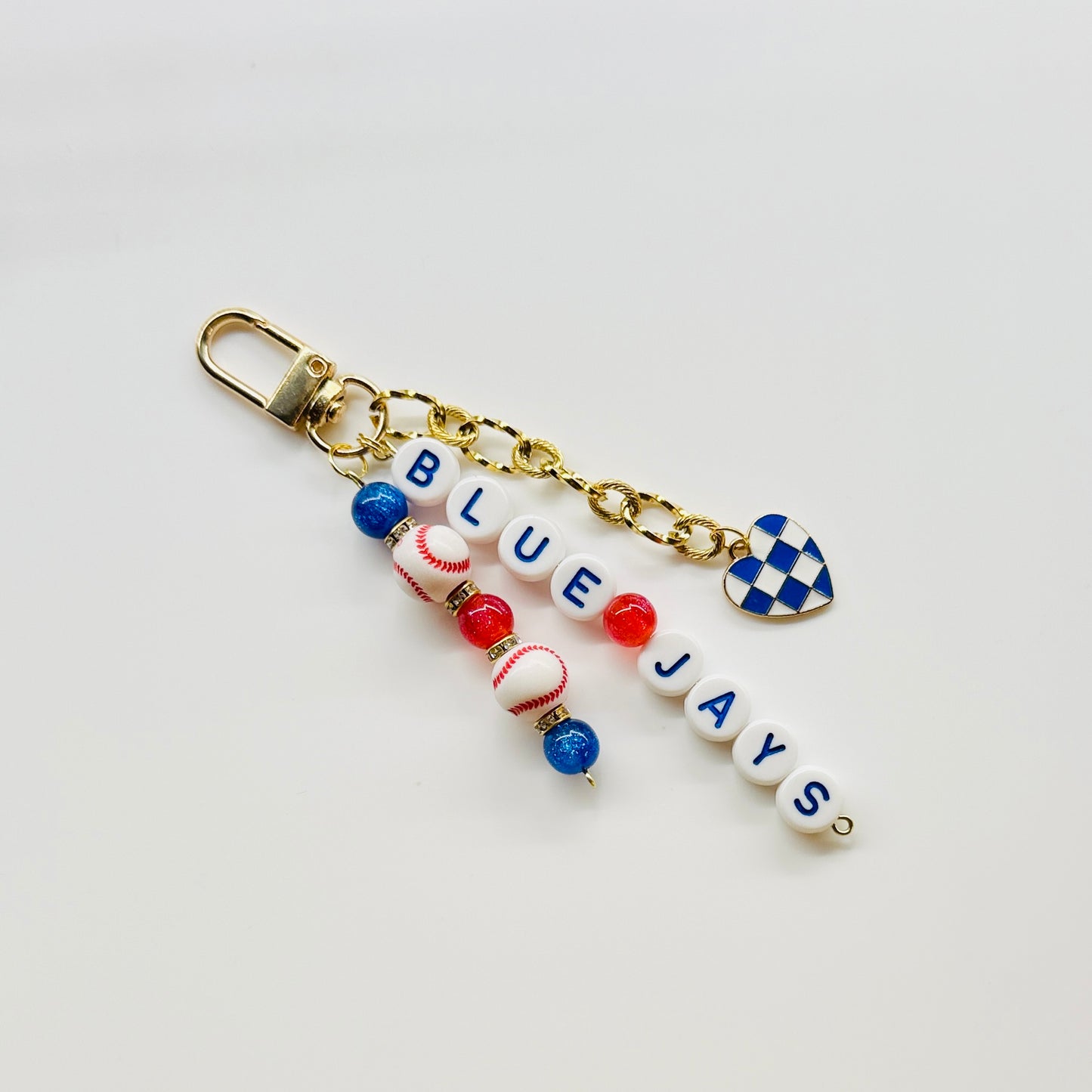 Baseball Beaded Keychain – Dodgers, Yankees, Mets, Others – Gold Bag Charm n with Letter Beads, Baseball Beads, & Enamel Heart