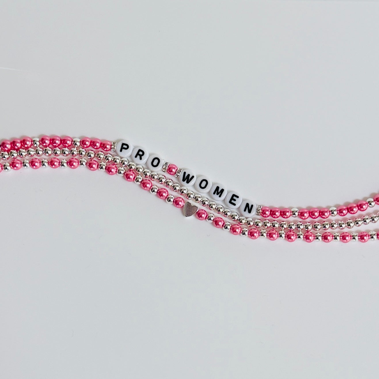 Pro-Women Bracelet Stack – 3-Piece Beaded Stretch Set in Pink, Blue or White Pearls & Gold, Handmade Feminist Jewelry Gift