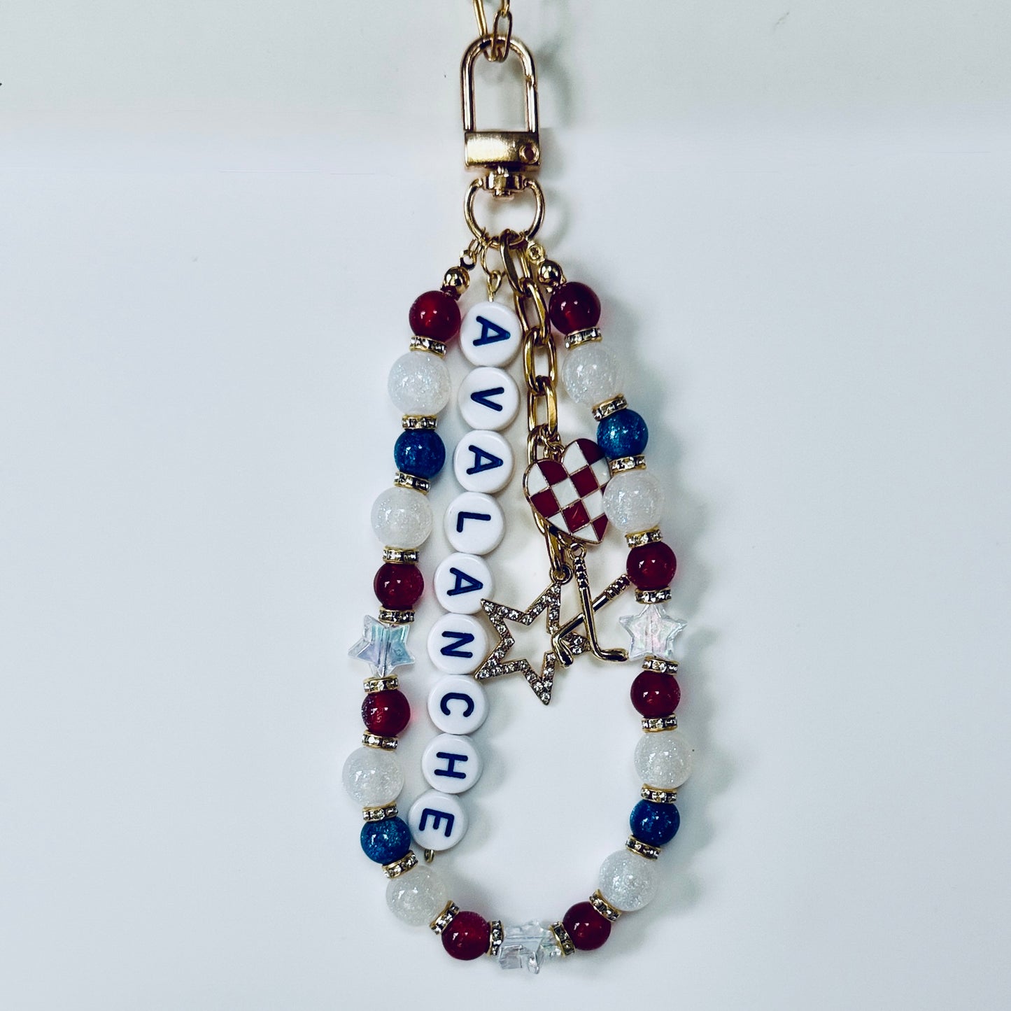 Avalanche Hockey Bag Charm: Red, Blue Beaded Keychain with Hockey Charms