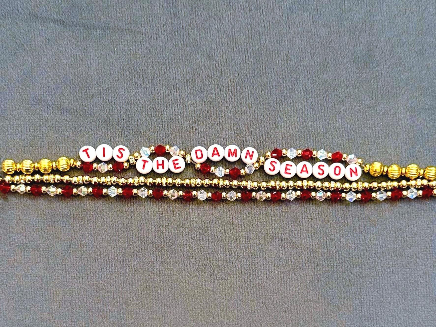 ’tis the damn season Bracelet Stack – Red and Gold Triple Layer Bracelet, Era Inspired Holiday Jewelry, Handmade Christmas Gift