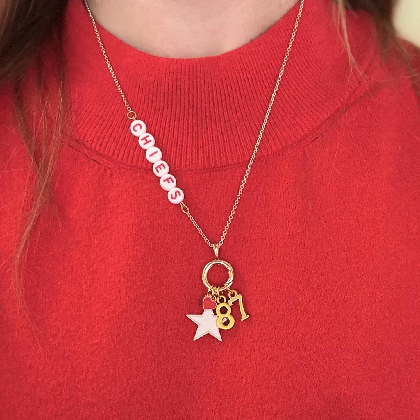 Kansas City Football Charm Necklace – Red and Gold Beaded Necklace, Super Bowl Champs Jewelry, Game Day Gift for Chiefs Fans