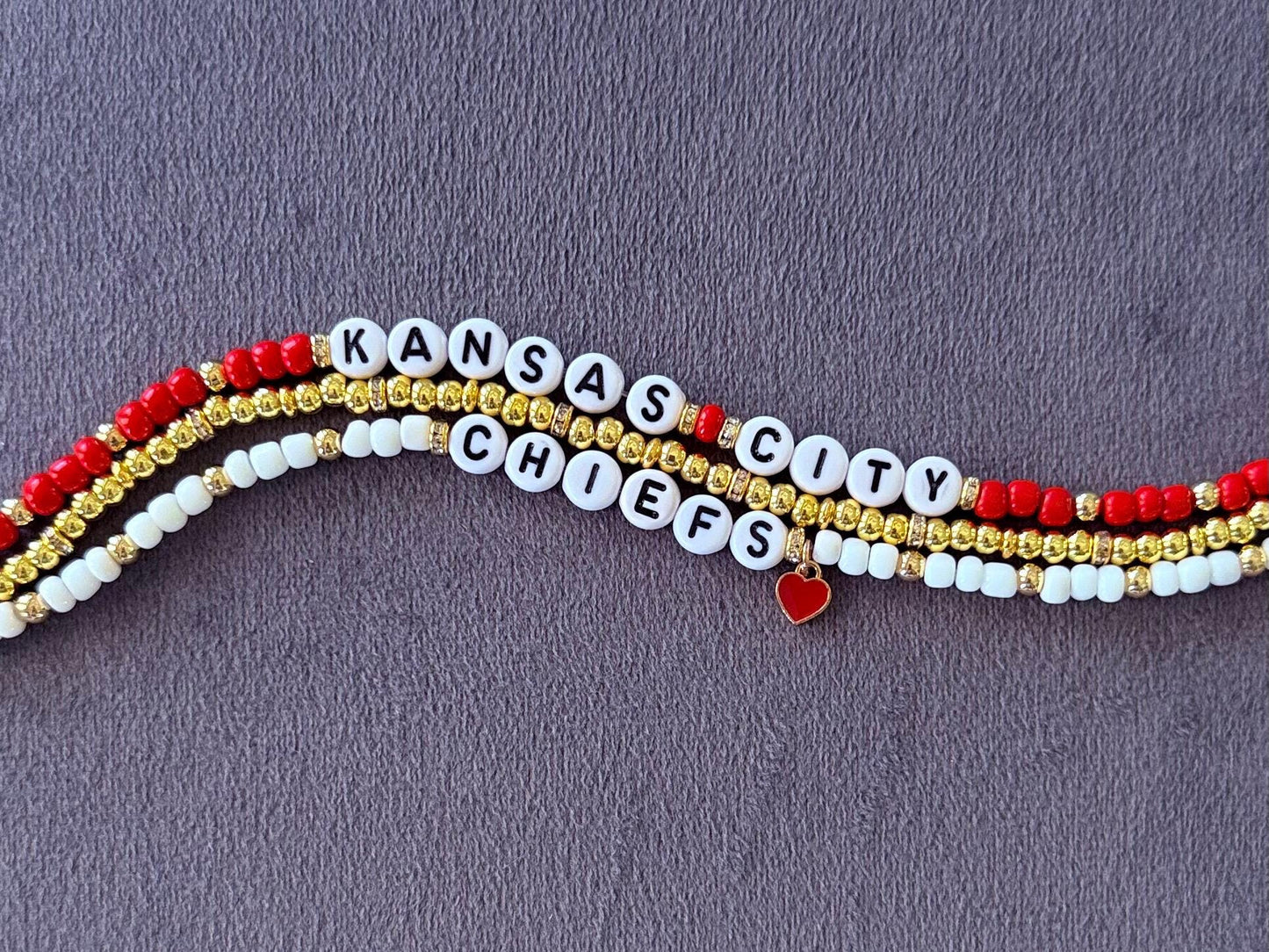 Kansas City Football Bracelet Stack – 3-Piece Red & Gold Beaded Stretch Bracelet Set, Handmade Game Day Jewelry Fan Gift