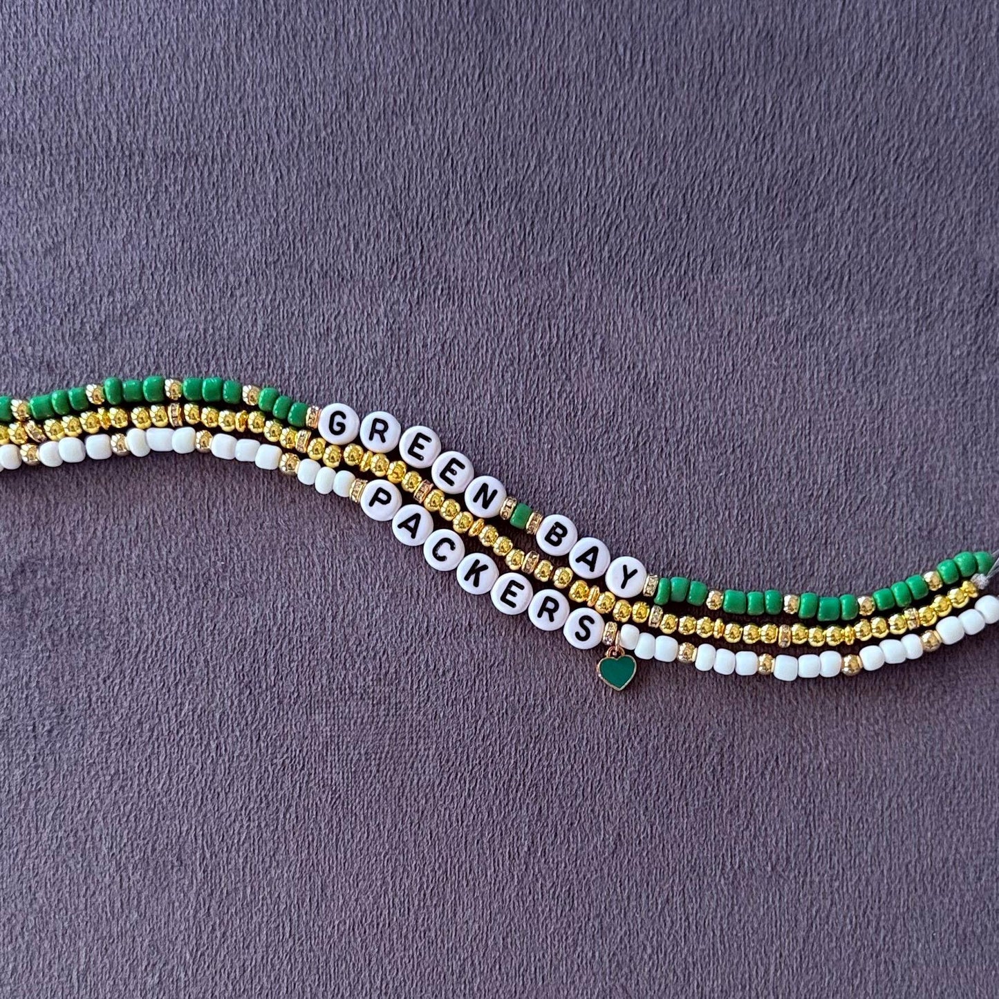Packers Football Bracelet Stack – 3-Piece Green, Gold & White Stretch Bracelet Set with Heart Charm