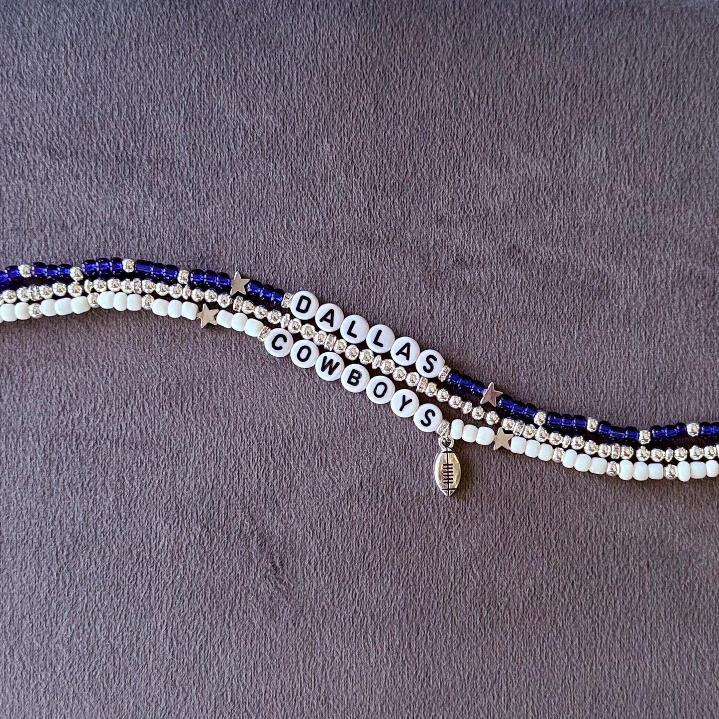 Cowboys Football Bracelet Stack – Blue, Silver, and White 3-Piece Set with Football Charm, Game Day Jewelry, Handmade Fan Gift
