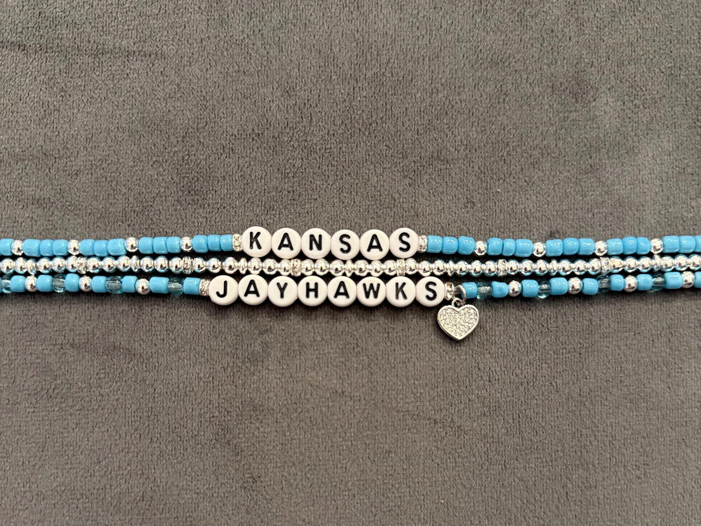 Jayhawks Bracelet Stack – Light Blue and Silver Beaded 3-Piece Set, Stretch Bracelets, Game Day Jewelry, Handmade Fan Gift