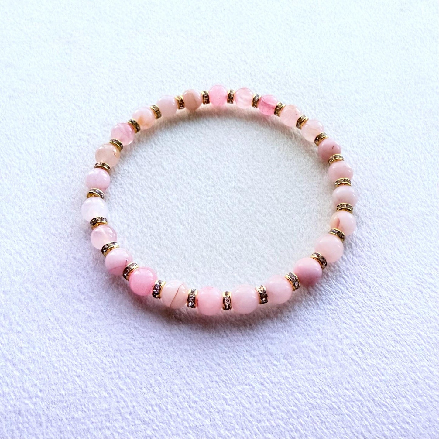 Rose Quartz and Rhinestone Bracelet – Handmade Stretch Bracelet for Love and Healing, Soft Pink Crystal Gift