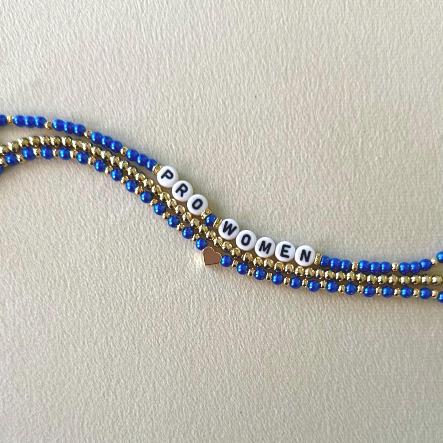 Pro-Women Bracelet Stack – 3-Piece Beaded Stretch Set in Pink, Blue or White Pearls & Gold, Handmade Feminist Jewelry Gift