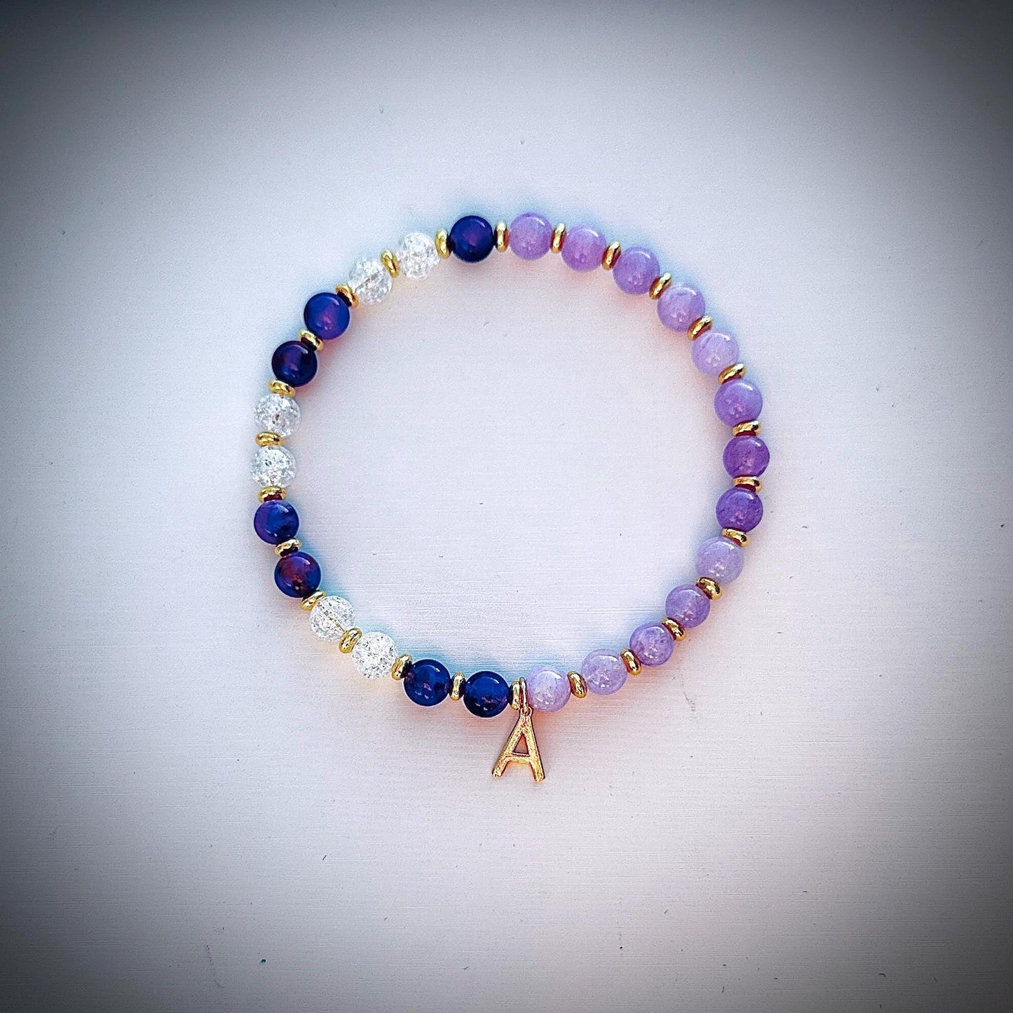 Amethyst and Quartz Bracelet with Letter Charm – Made-to-Order Personalized Crystal Bracelet, Handmade Gift for Her