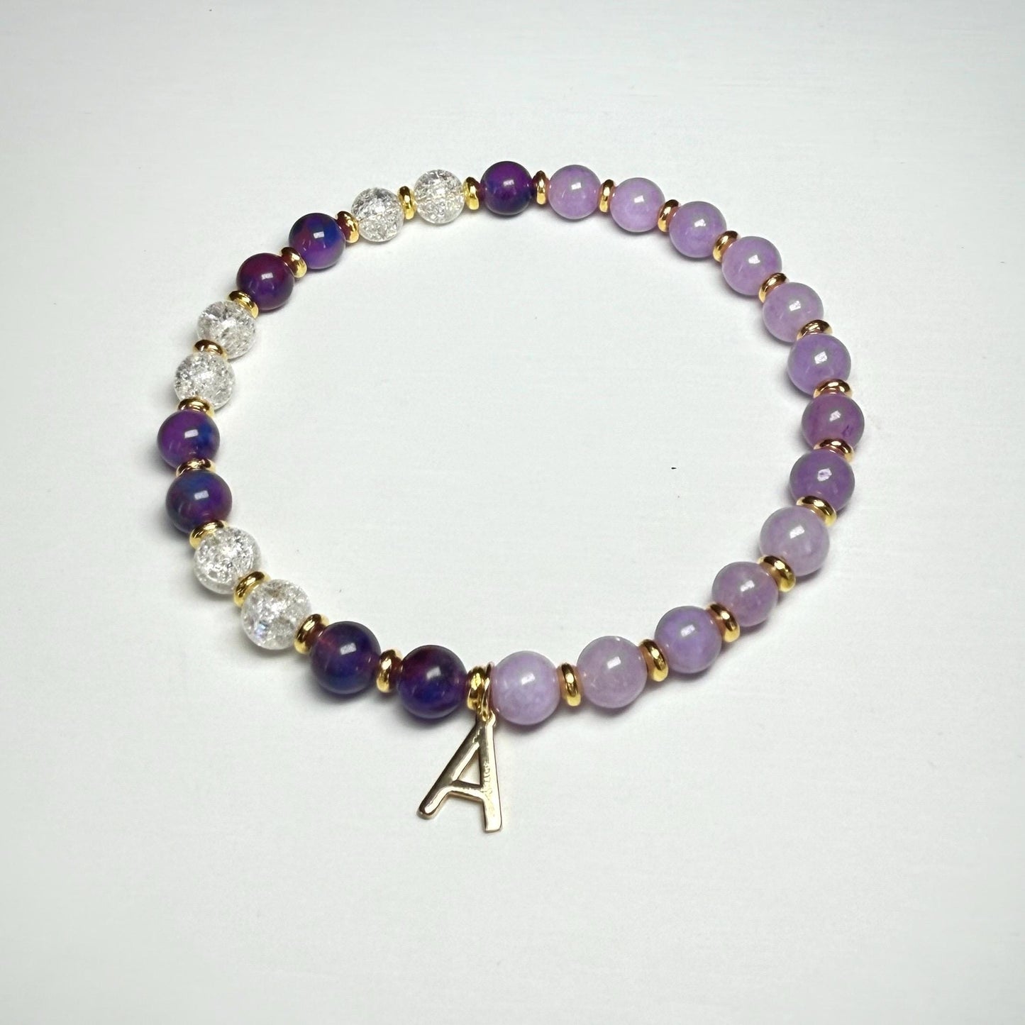 Amethyst and Quartz Bracelet with Letter Charm – Made-to-Order Personalized Crystal Bracelet, Handmade Gift for Her