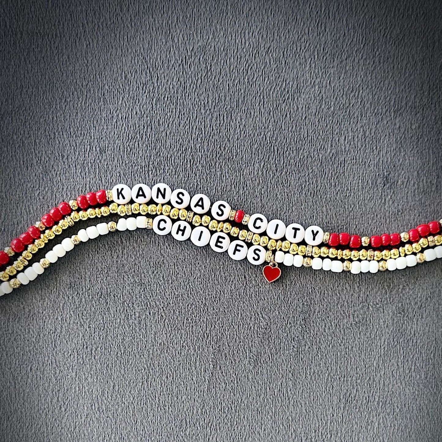 Kansas City Football Bracelet Stack – 3-Piece Red & Gold Beaded Stretch Bracelet Set, Handmade Game Day Jewelry Fan Gift