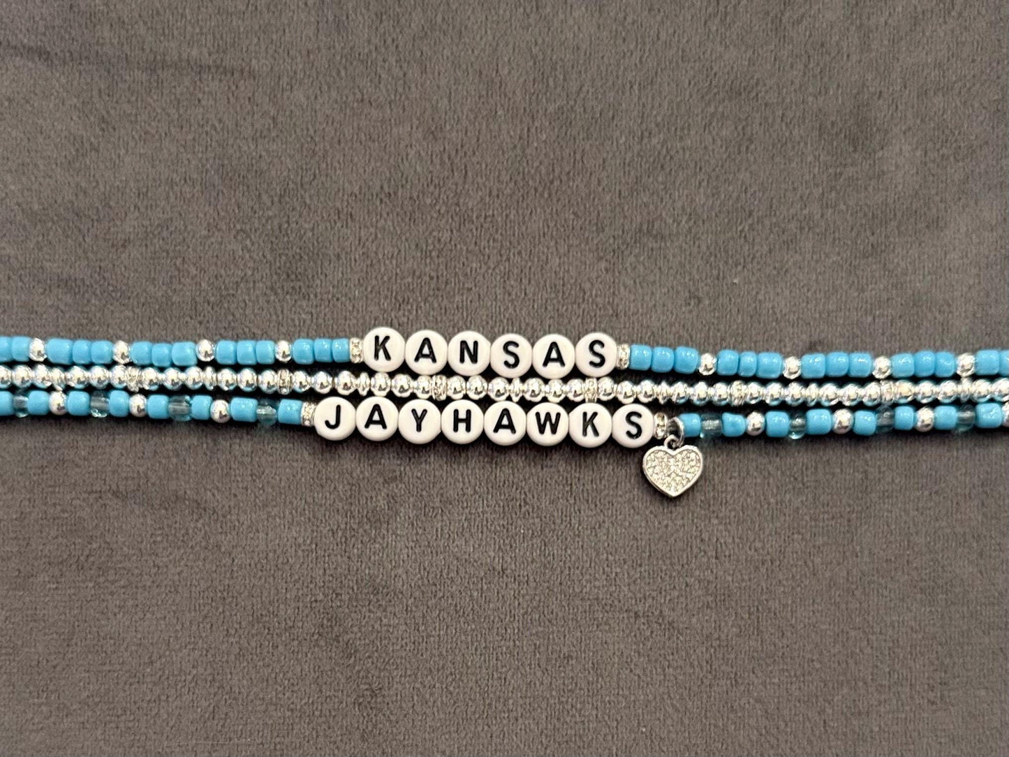 Jayhawks Bracelet Stack – Light Blue and Silver Beaded 3-Piece Set, Stretch Bracelets, Game Day Jewelry, Handmade Fan Gift